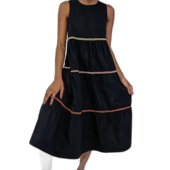 Madewell Maxi Dress M Rickrack Cattail Black Ruffle Tiered Colorful Yellow Pink - Picture 1 of 3